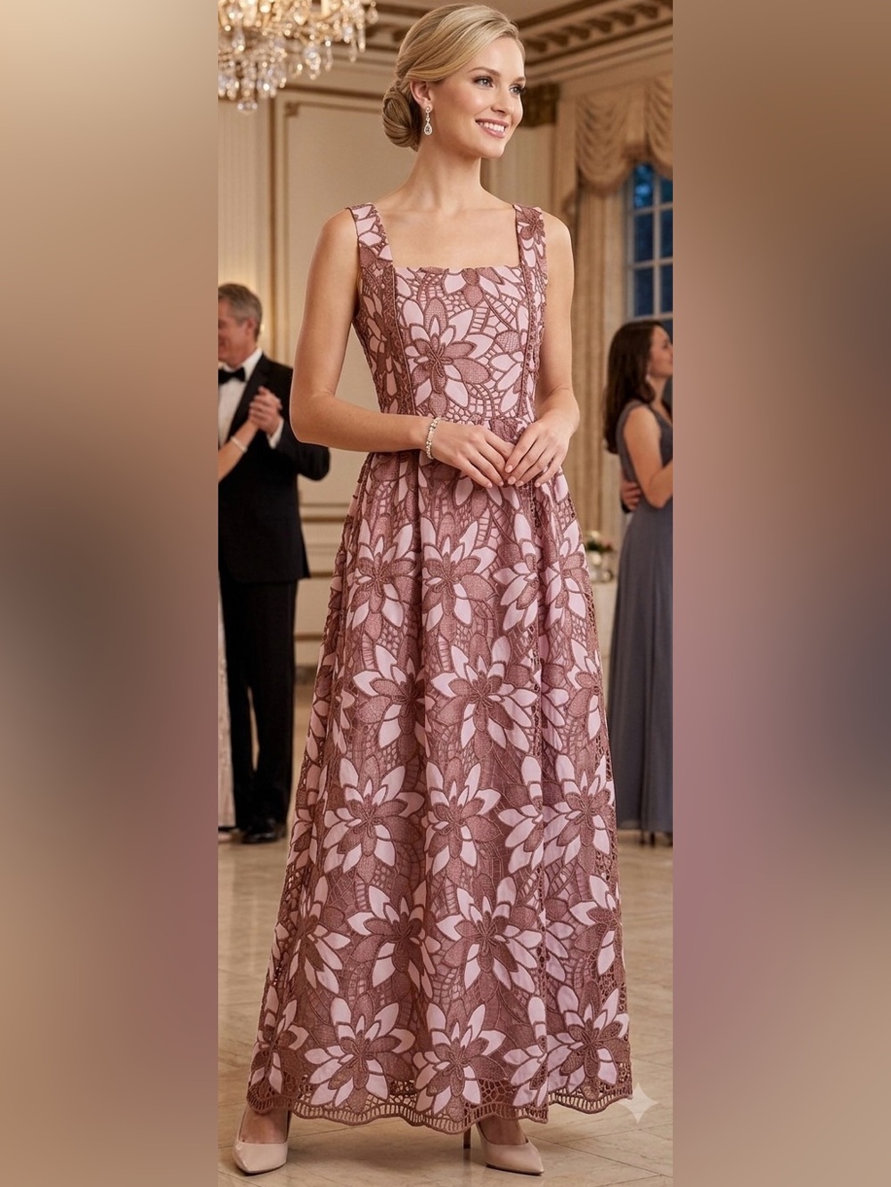 NEW New York & Company Dusty Rose Floral Lace Midi Dress